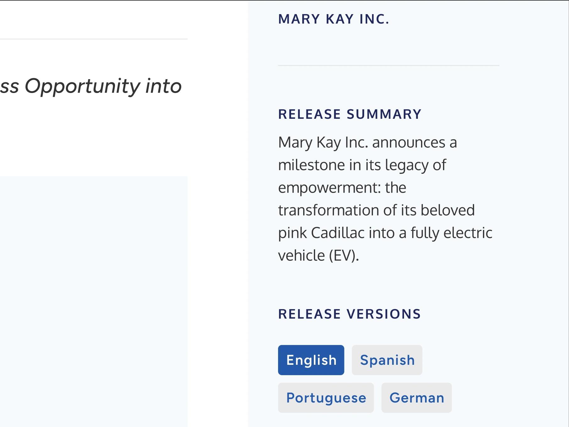 Example of business contact information on a Business Wire press release